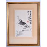A CHINESE INKWORK CALLIGRAPHY WATERCOLOUR PANEL depicting a bird. Image 17 cm x 27 cm.