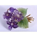 AN 18CT GOLD DIAMOND JADE AND AMETHYST FLOWER BROOCH. 3.75 cm x 3 cm.