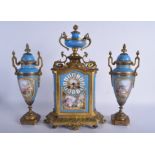 A 19TH CENTURY FRENCH SEVRES PORCELAIN CLOCK GARNITURE R S Granger Paris, painted with romantic sce