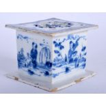A RARE MID 18TH CENTURY DELFT BLUE AND WHITE MINIATURE STOVE Dutch or English, painted with dancing
