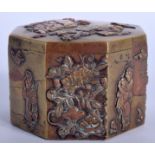 A 19TH CENTURY JAPANESE MEIJI PERIOD BRONZE BOX decorated with figures within landscapes. 7 cm wide