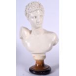 A LARGE GREEK PLASTER BUST OF THE WINGED MESSENGER HERMES, modelled upon a circular plinth. 33 cm h