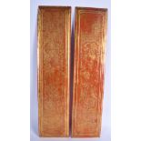 A GOOD SET OF 19TH CENTURY THAI TIBETAN RED LACQUER PRAYER BOOK COVERS painted with extensive scrip
