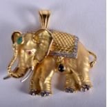 A LOVELY 18CT GOLD DIAMOND EMERALD AND SAPPHIRE ELEPHANT PENDANT. 20.3 grams. 3 cm x 2.5 cm.