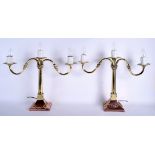 A LARGE PAIR OF ANTIQUE COPPER AND BRASS CANDELABRA. 40 cm x 45 cm.