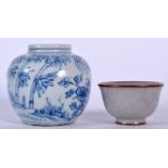 A CHINESE GE TYPE PORCELAIN TEA BOWL BEARING YONGZHENG MARKS, together with a blue and white jar. J