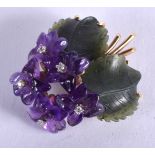 A VINTAGE 14CT GOLD JADE DIAMOND AND AMETHYST FLOWER BROOCH. 10.2 grams. 3 cm x 2.5 cm.