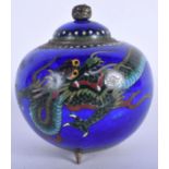 A 19TH CENTURY JAPANESE MEIJI PERIOD CLOISONNE ENAMEL CENSER AND COVER decorated with dragons. 9.5