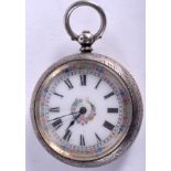 AN ANTIQUE LADIES SILVER POCKET WATCH with white enamel dial. 4 cm wide.