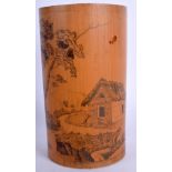 A RARE 19TH CENTURY CHINESE CARVED BAMBOO BRUSH POT Qing, carved with rural scenes. 14.25 cm high.
