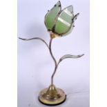 A MID/LATE 20TH CENTURY BRASS TABLE LAMP IN THE FORM OF A LOTUS FLOWER, formed with green petals. 5