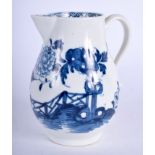 A 18TH CENTURY LOWESTOFT SPARROW BEAK JUG with fence, chrysanthemum and hollow root in blue. 9 cm h