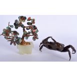A JAPANESE BRONZE OKIMONO OF A CRAB together with a small hardstone bonsai tree. 10 cm x 10 cm. (2)