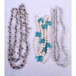 A PEARL AND TURQUOISE BUTTERFLY NECKLACE, together with two others. Longest 118 cm. (3)