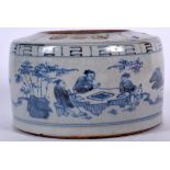A 20TH CENTURY CHINESE BLUE AND WHITE PORCELAIN FLOWER BRICK, circular in form and decorated with f