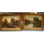 BRITISH SCHOOL (Early 20th century) FRAMED PAIR OIL ON CANVAS, signed, landscape scenery. 49 cm x 6