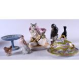 TWO BING & GRONDAHL PORCELAIN BIRD FIGURINES, together with a bisque cat group, Wedgwood tazza etc.