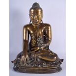 A LARGE 15TH/16TH THAI BRONZE COPPER ALLOY FIGURE OF A SEATED BUDDHA modelled seated with a dropped
