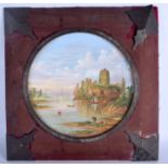 AN ANTIQUE CONTINENTAL PLAQUE painted with a castle scene. Plaque 30 cm wide.