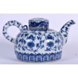 A CHINESE MING STYLE BLUE AND WHITE PORCELAIN TEA POT BEARING XUANDE MARKS TO BASE, decorated with