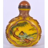 A CHINESE PEKING GLASS SNUFF BOTTLE BEARING QIANLONG MARKS, decorated with scholar in a landscape.