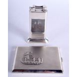 A VINTAGE DUNHILL SILVER PLATED LIGHTER together with a cigarette case. Lighter 11 cm high. (2)