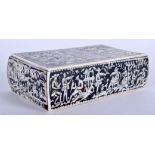 A RARE 19TH CENTURY ANGLO INDIAN DOUBLE SIDED SLIDING IVORY BOX decorated with figures within lands