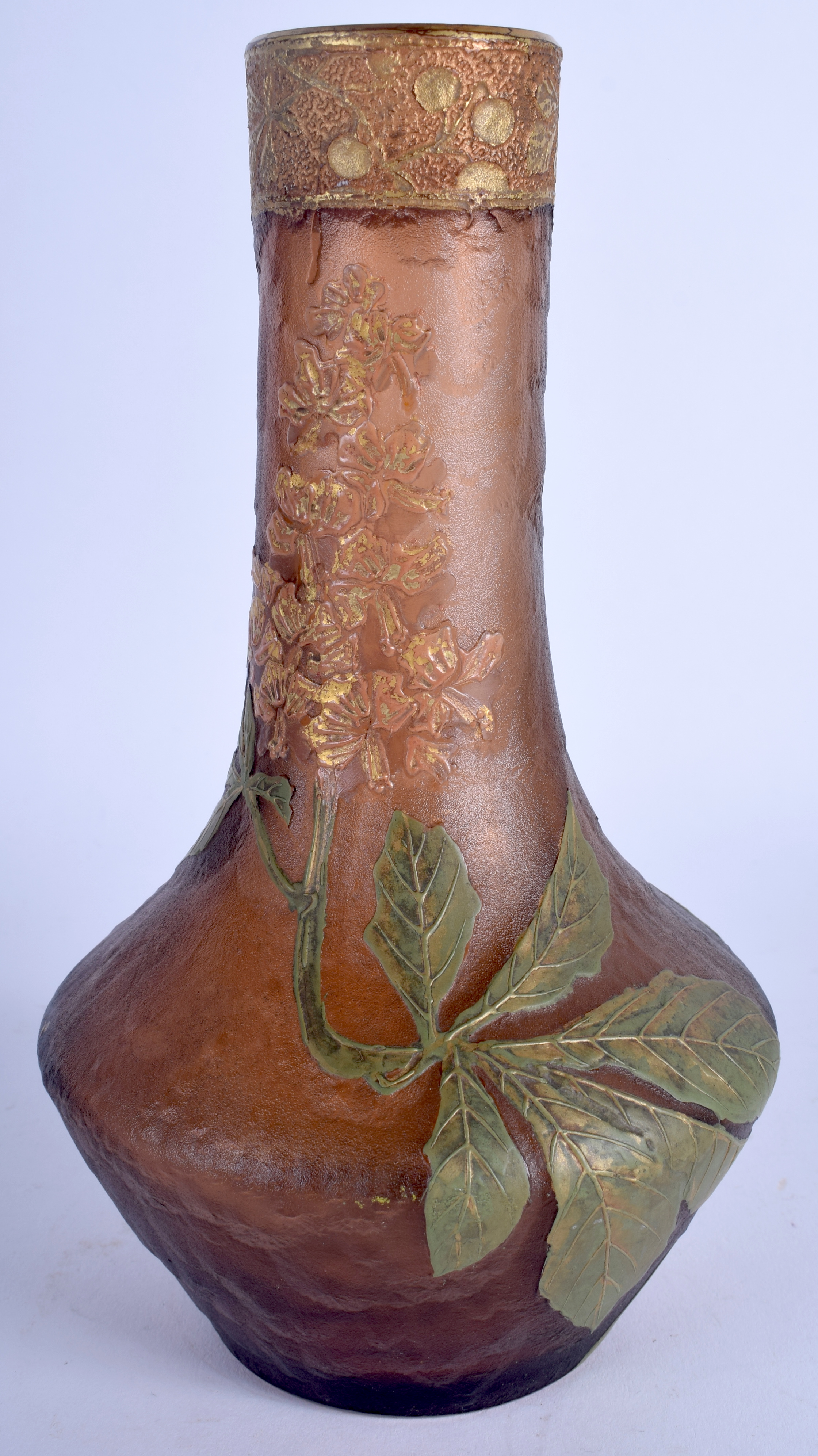 A FRENCH ART NOUVEAU CAMEO GLASS VASE enamelled with flowers and vines. 21 cm high.
