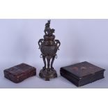 A 19TH CENTURY JAPANESE MEIJI PERIOD BRONZE VASE AND COVER together with two lacquer boxes. (3)