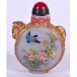 A CHINESE JADE SNUFF BOTTLE BEARING YONGZHENG MARKS TO BASE, painted with birds amongst foliage. 5.