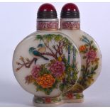 A CHINESE PEKING GLASS “DOUBLE” SNUFF BOTTLE, painted with birds amongst foliage. 8 cm x 7 cm.