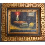 BRITISH SCHOOL (20th century) FRAMED OIL ON CANVAS, still life fruit & books on a table, unsigned.