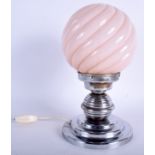 A STYLISH 1950S CHROME AND PINK SWIRLING GLASS LAMP. 27 cm high.