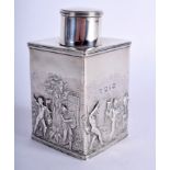 A VICTORIAN SILVER TEA CADDY decorated with figures. Birmingham 1898. 4.3 oz. 9.75 cm high.