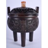 A 19TH CENTURY CHINESE TWIN HANDLED BRONZE CENSER Qing, Jin Long Tang Zao, decorated with archaic m