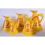 A SET OF FIVE GRADUATED SHELL ADVERTISING PETROL CAN. Largest 34 cm x 31 cm.