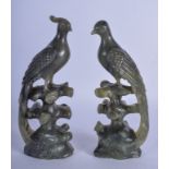 A PAIR OF EARLY 20TH CENTURY CHINESE CARVED JADE BIRDS Late Qing. 21 cm high.
