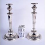 A LARGE PAIR OF ANTIQUE ENGLISH SILVER CANDLESTICKS. London 1804. 96 oz (loaded). 33 cm high.