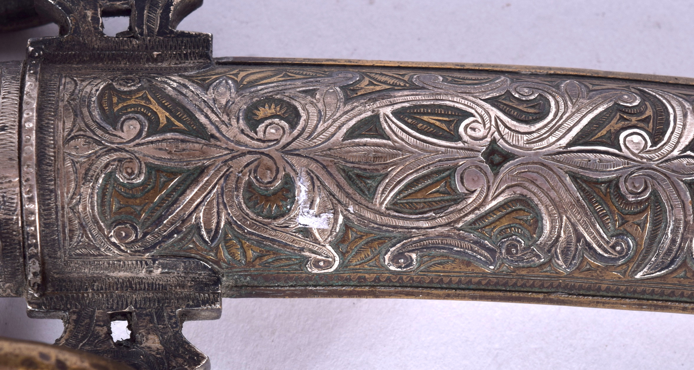 A 19TH CENTURY ISLAMIC KHANJAR CURVED DAGGER, the scabbard inlaid with silver forming foliage. 39 c - Image 2 of 3