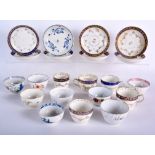 A 18TH CENTURY LOWESTOFT TEA BOWL with a hut and a long fence in blue, seven further tea bowls, a L