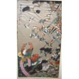 AN EARLY 20TH CENTURY CHINESE WATERCOLOUR ON SILK depicting exotic birds within a landscape. 103 cm