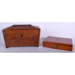 AN EARLY 20TH CENTURY WALNUT TEA CADDY, with original glass mixing bowl, together with an artists b