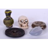 A 20TH CENTURY CHINESE MINIATURE BRONZE HAND MIRROR, together with a model of a skull, glass jug et