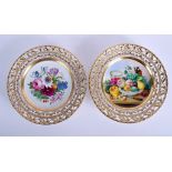 A PAIR OF ANTIQUE AUSTRIAN PORCELAIN RETICULATED PLATES by NGF Giesshuebl, painted with a still lif