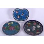 THREE CHINESE CLOISONNE PIN DISH, decorated with foliage. Largest 10.25 cm wide. (3)