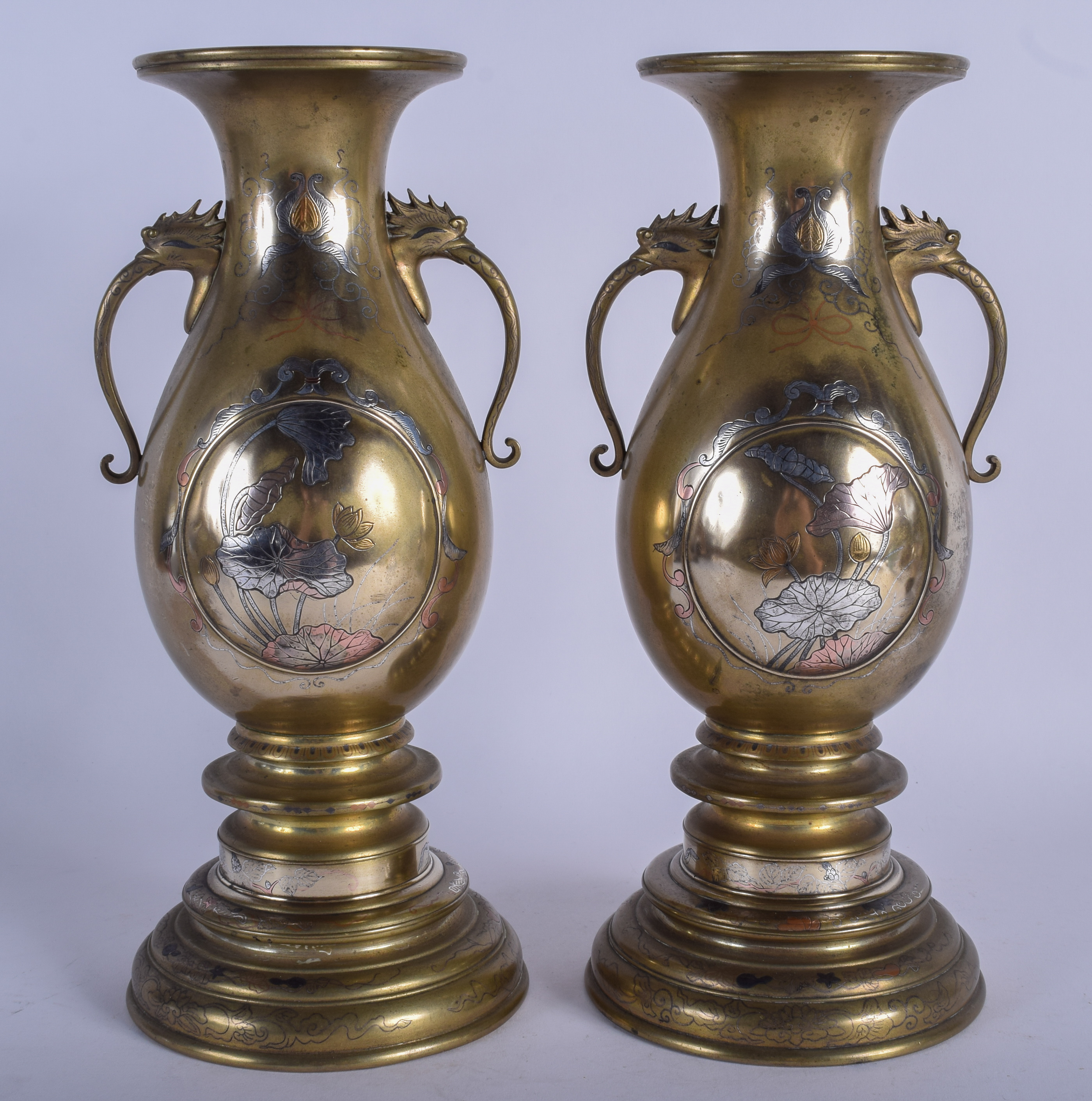 A PAIR OF 19TH CENTURY JAPANESE MEIJI PERIOD TWIN HANDLED BRONZE VASES in the manner of Kanazawa Do - Image 2 of 3