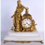 A 19TH CENTURY FRENCH EGYPTIAN REVIVAL BRONZE MANTEL CLOCK upon a marble plinth. 34 cm x 38 cm.