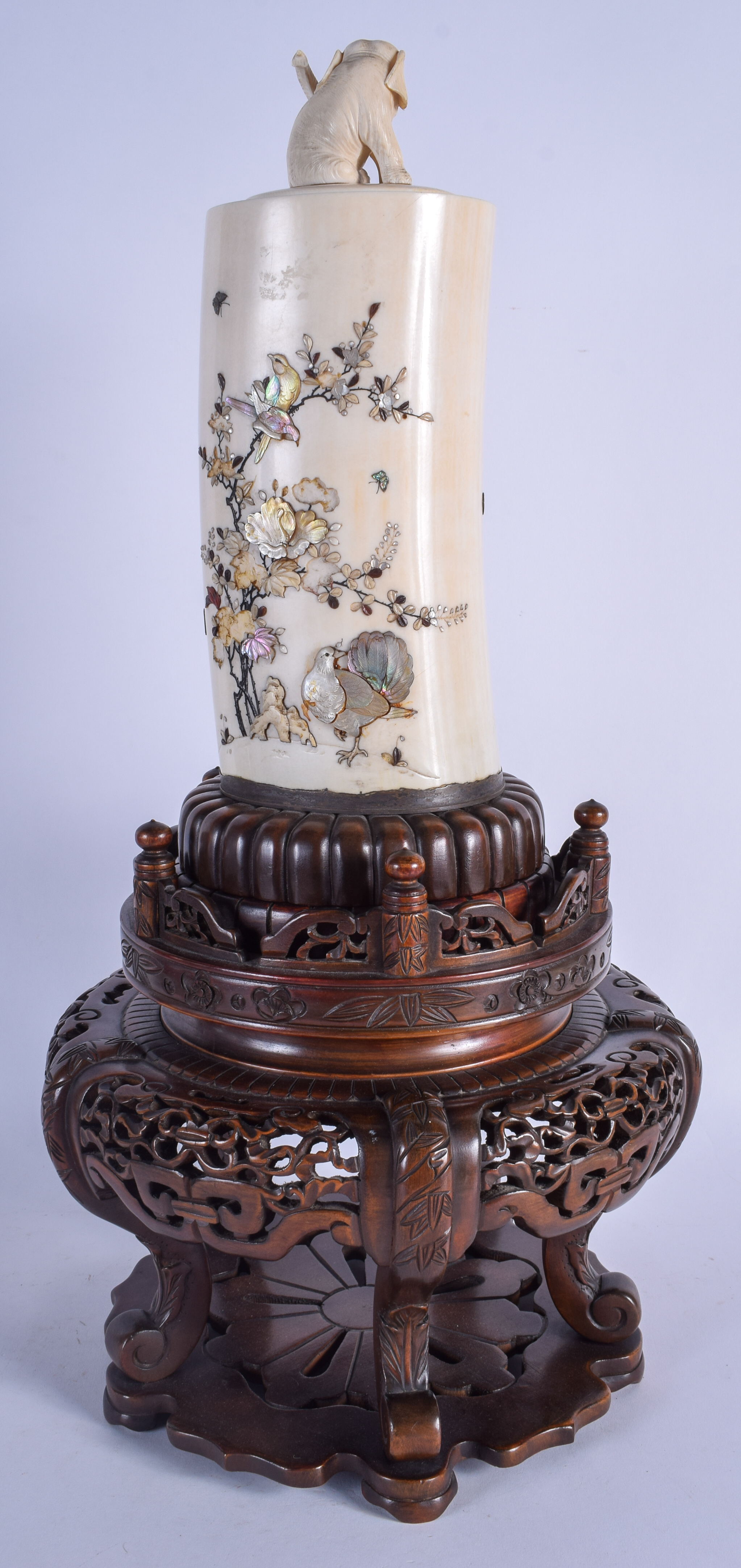 A LARGE 19TH CENTURY JAPANESE MEIJI PERIOD CARVED IVORY TUSK VASE AND COVER decorated with urns and - Image 3 of 12