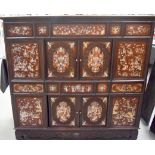 A GOOD 19TH CENTURY CHINESE HARDWOOD MOTHER OF PEARL INLAID CABINET depicting figures within landsc