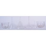 FOUR ANTIQUE GLASS WINE FUNNEL, together with other glassware. Largest Funnel 20.5 cm x 15.5 cm.